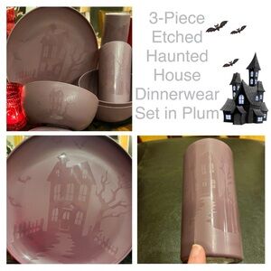 New Etched Haunted House 3-Piece Dinnerware Set in Purple/Plum